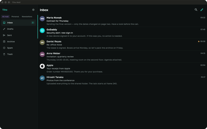 Tiho Mail showing an inbox on iPhone and on Mac.