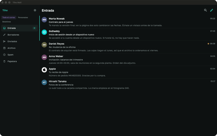 Tiho Mail mostrando la bandeja de entrada en iPhone y en Mac.