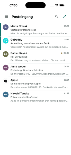 Tiho Mail mit dem Posteingang auf iPhone und Mac.
