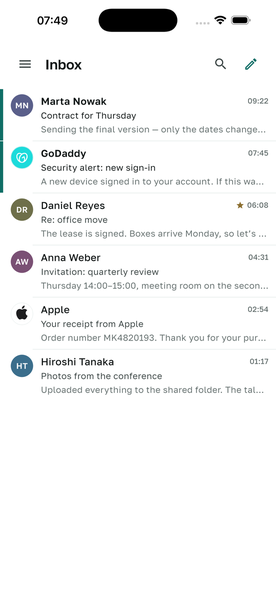 Tiho Mail showing an inbox on iPhone and on Mac.