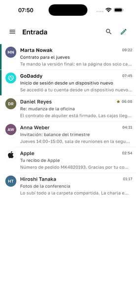 Tiho Mail mostrando la bandeja de entrada en iPhone y en Mac.