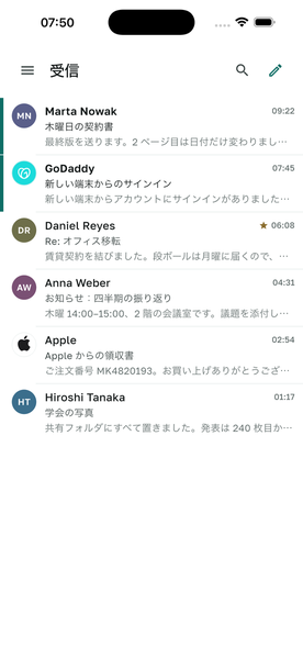 iPhone と Mac に受信箱を表示している Tiho Mail。