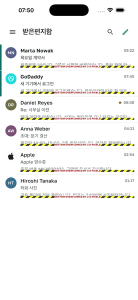 iPhone과 Mac에서 받은 편지함을 보여주는 Tiho Mail.