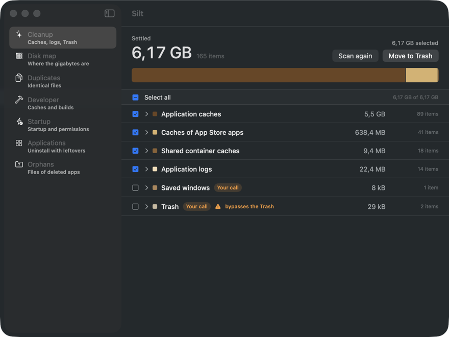 Silt after a scan: 6.17 GB found, grouped by kind, with a Move to Trash button.