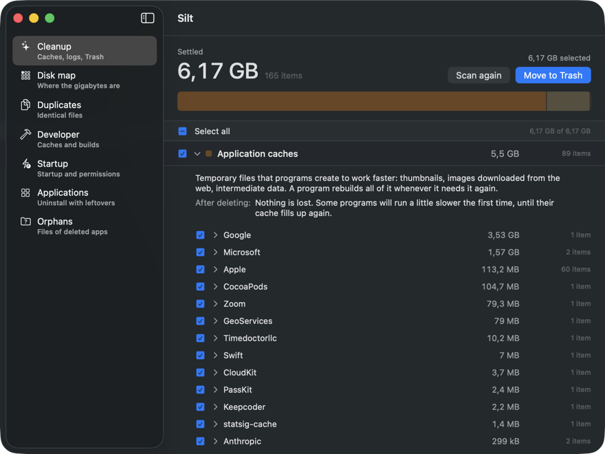 An expanded group in Silt showing what the files are, what happens after deleting, and a per-application breakdown.