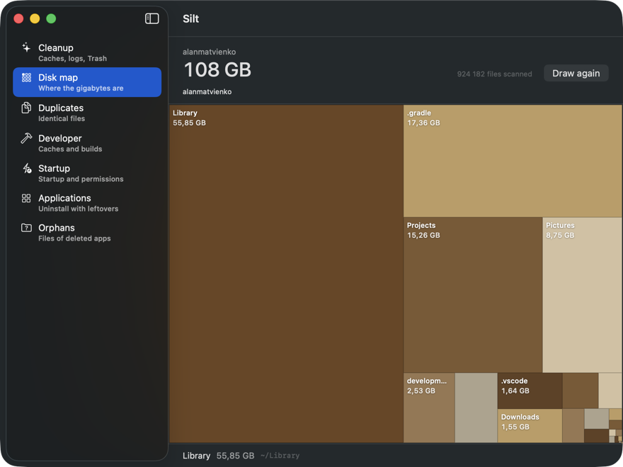 Silt’s disk map: folders drawn as tiles sized by how much space they take.