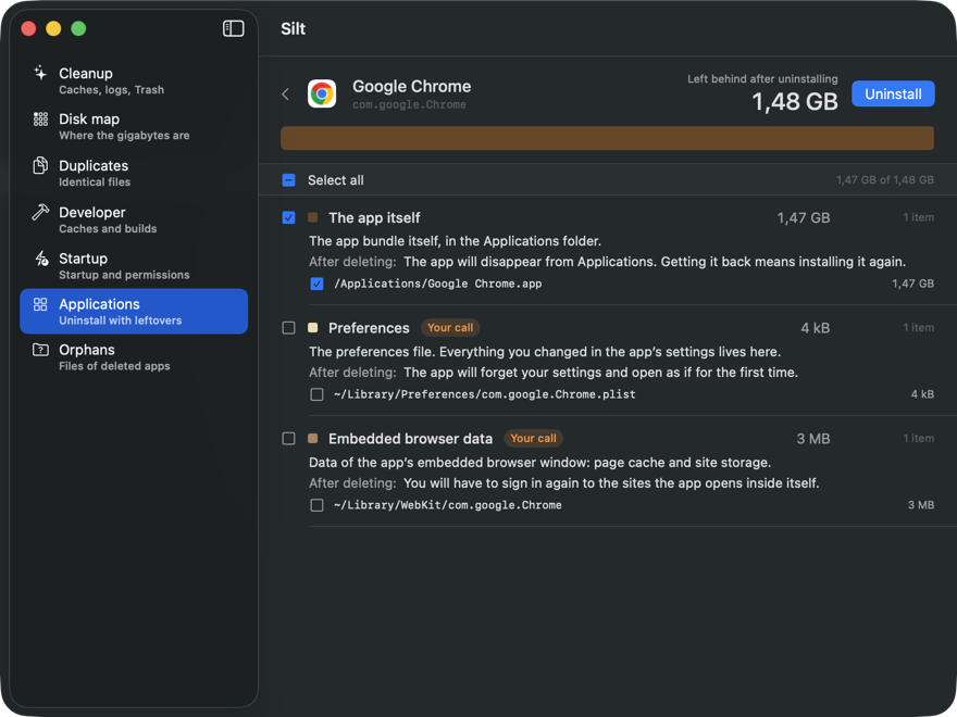 Silt uninstalling a browser: every leftover listed with its path, an explanation and what removing it costs.
