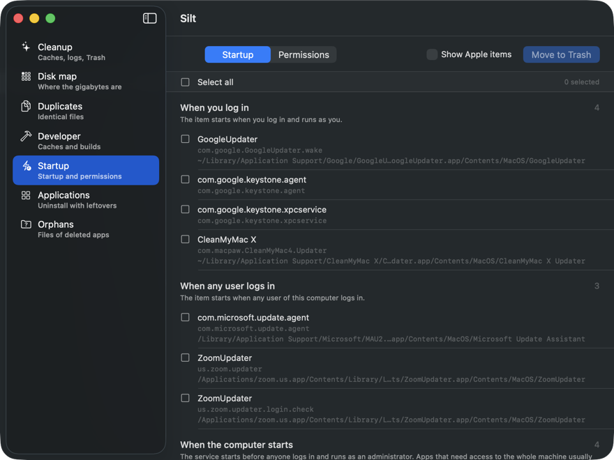 Silt listing what launches at startup, grouped by when each item runs.