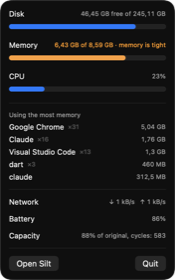 Silt’s menu bar panel showing disk, memory and CPU use.
